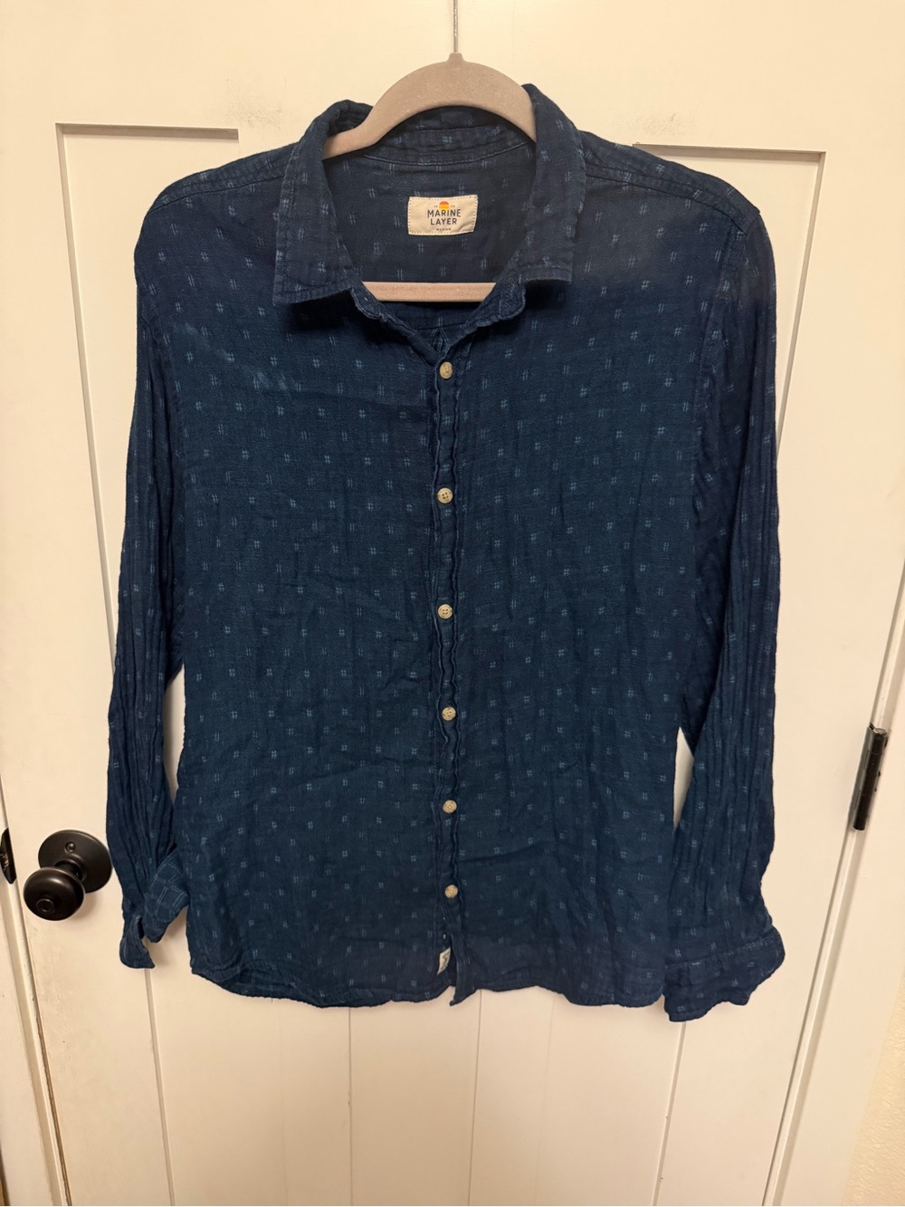 MARINE LAYER Men’s Navy Blue Button Down Slub Cotton Beach Shirt Sz Medium M